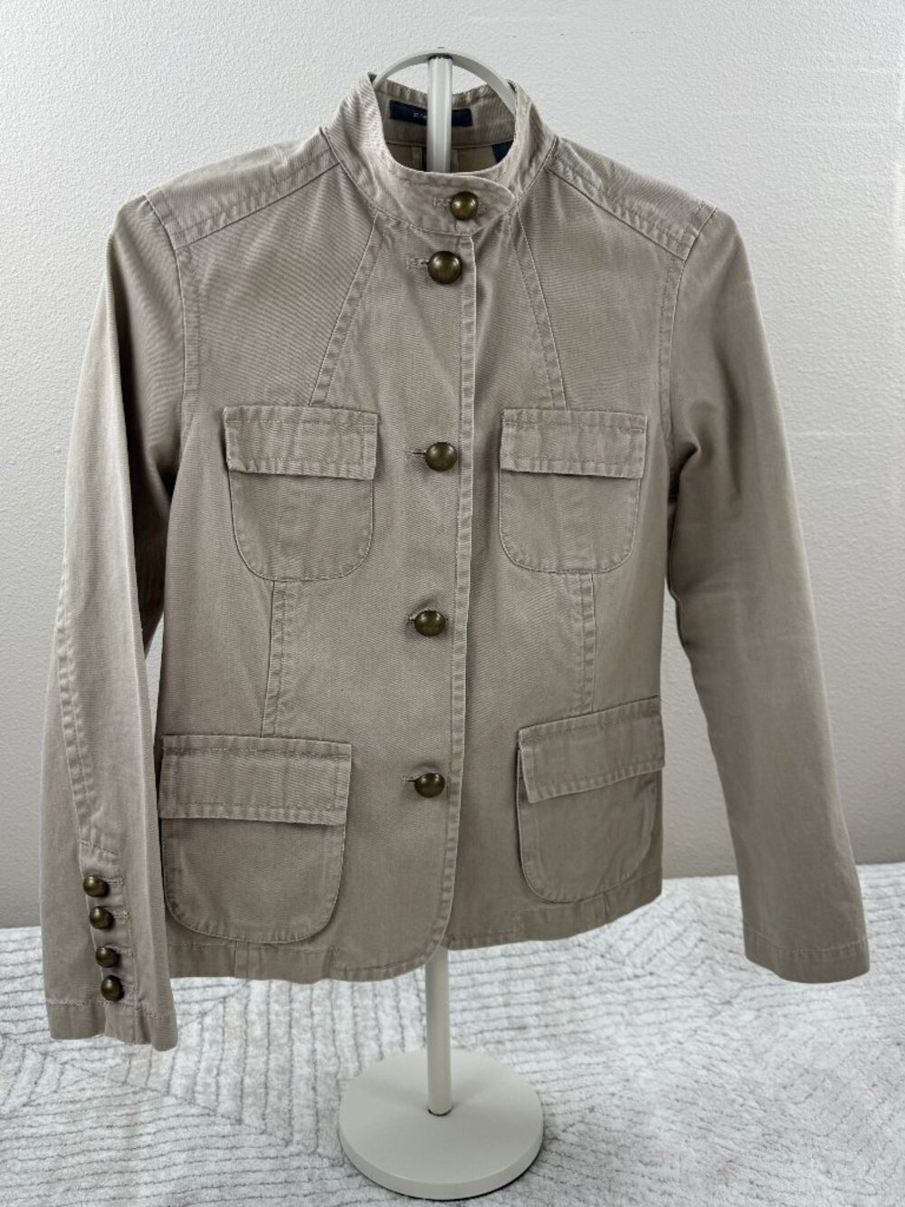 Liz Claiborne Beige Utility Military Jacket Petite 8 Cotton Safari